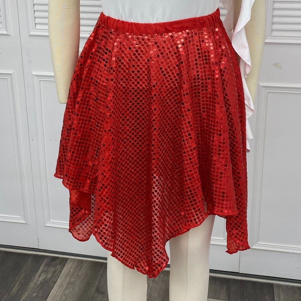 Red Sequin Dance Skirt Asymmetrical Hem Sz. M Parties, Holiday, Valentines, etc.